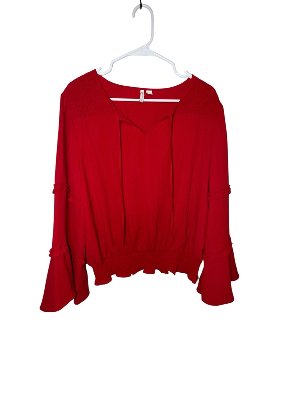 Cato Red V-Neck Peasant Blouse with Ruffled Bell Sleeves